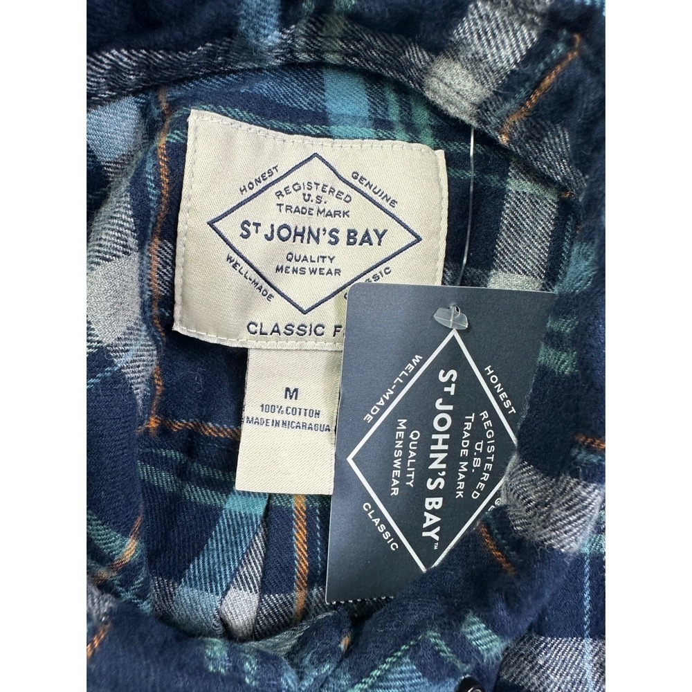 St Johns Bay Men Flannel Shirt Medium Blue Teal Plaid Button Dow 100% Cotton NWT